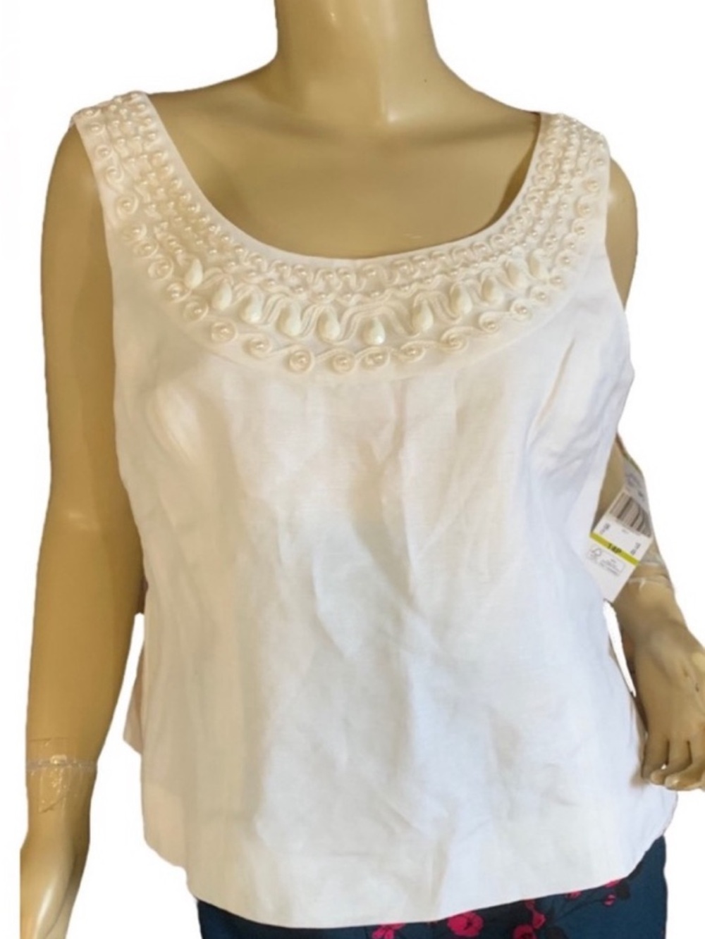 KASPER OFF WHITE LINEN BLEND BEADED ACCENT TUNIC NWT (14P)